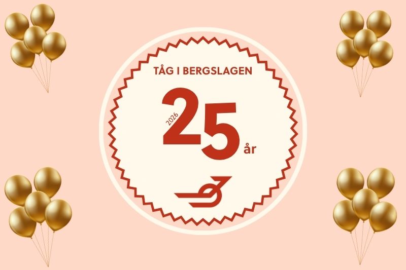 En bild med ballonger och text att Tåg i Bergslgens fyller 25 år 2026. Även Tåg i Bergslagens logotyp